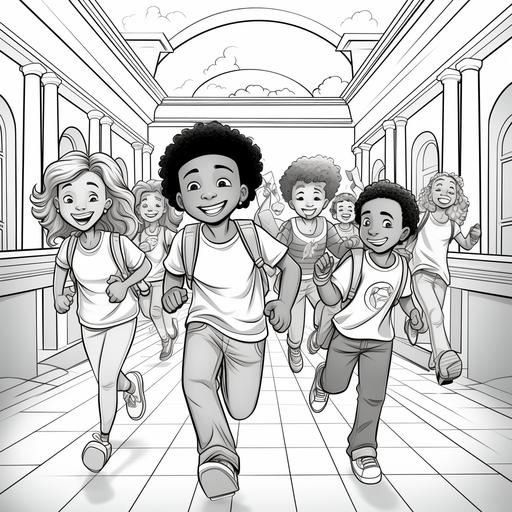 coloring page for kids black kids running through school hall after the bell rings, cartoon style, thick lines, low detail,no shading--ar9:11