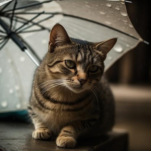 A cat under an umbrella, feline, sheltered, rain-avoifing, dry, curious --stylize 537 --v 5