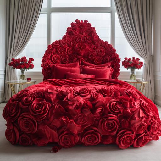 : puffy red velvet bed with roses