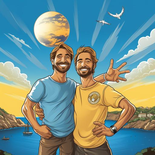 cartoon illustration in very high detail of a two men embracing and smiling a kind smile each holding a small golden ball in between pointer finger and thumb. Greek island background showing, ionian sea, sky, sun, clouds, and birds