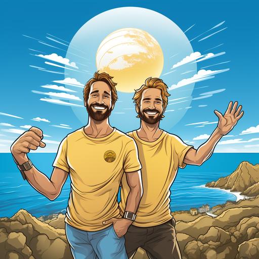 cartoon illustration in very high detail of a two men embracing and smiling a kind smile each holding a small golden ball in between pointer finger and thumb. Greek island background showing, ionian sea, sky, sun, clouds, and birds