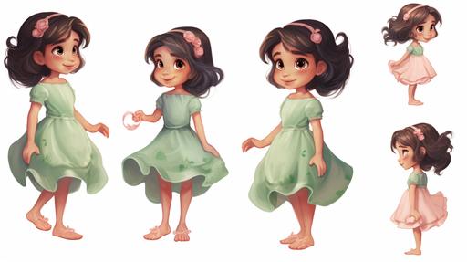 cute little girl body, wearing a soft rose dress and soft green sandals, several different angles, character sheet, in the styles of childrens book illustration --ar 16:9 --v 5.2