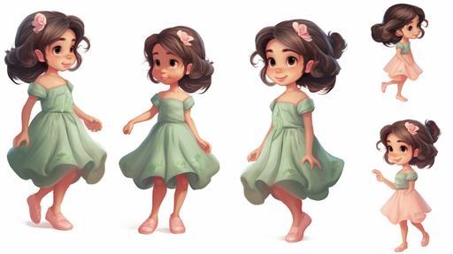 cute little girl body, wearing a soft rose dress and soft green sandals, several different angles, character sheet, in the styles of childrens book illustration --seed 3875684198 --ar 16:9 --v 5.2