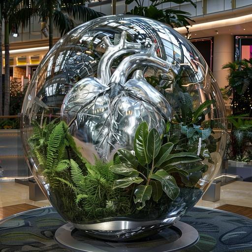 a real human silver heart shaped in a half of graphic glass globe filled with exotic plants, in the style of marc quinn, festive atmosphere, interactive exhibits, rob liefeld, transparent/translucent medium, hyperrealistic murals, tropical landscapes for shopping mall decorations