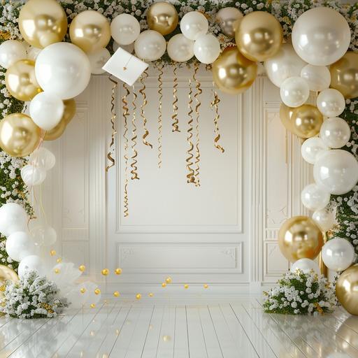 photo area for graduation event with balloons and flowers and scene in white and gold shades and Ribbons with greetings