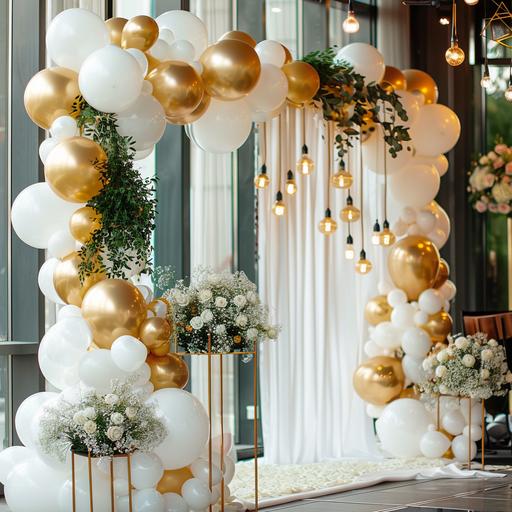 photo area for graduation event with balloons and flowers and scene in white and gold shades and Ribbons with greetings
