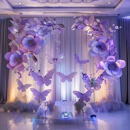 photo area for the event in fantasy style with butterflies and cartoon flowers in silver and violet colors with little stage and lights