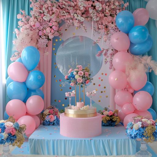 simply made photo area for the children birthday event in pink and blue colors with silver and golden glitter, with balloons and round little podium in the center and flowers around the podium
