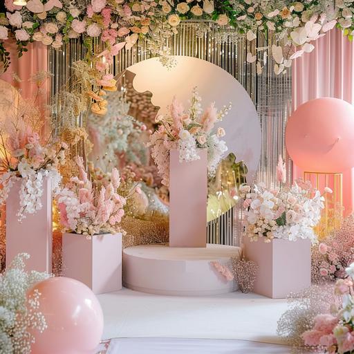 simply made photo area for the event in pink and white colors with silver and golden glitter and round little podium and many flowers around the podium