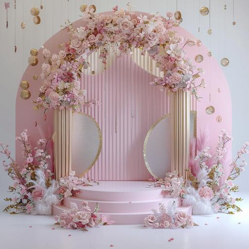 simply made photo area for the event in pink and white colors with silver and golden glitter and round little podium and many flowers around the podium
