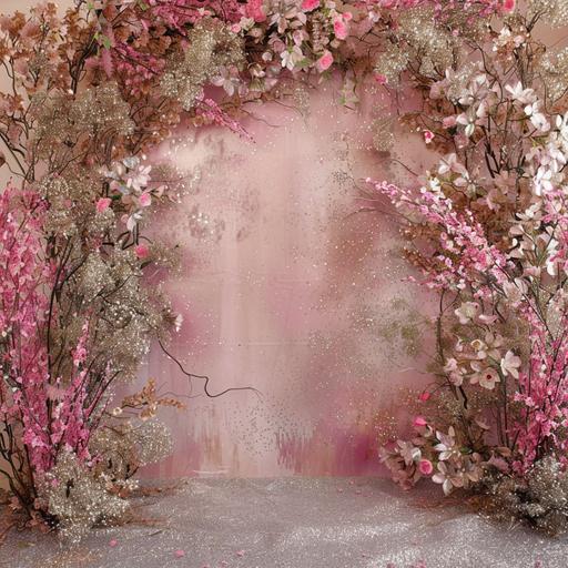 simply made photo area for the event in pink colors with silver and golden glitter and silver foil and flowers