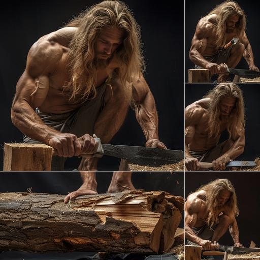 37 year old beautiful long blond hair man chopping wood in different poses with shirt off