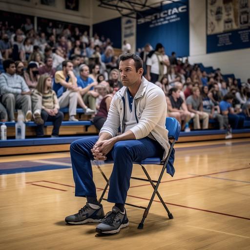 37 year old sitting at a youth basketball game in 2023 at a high school gym, with no water, wearing blue slacks and a white polo wishing he was golfing