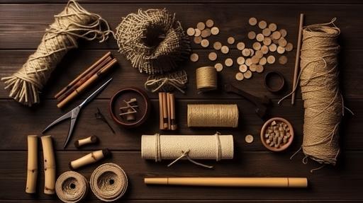 knolling, tatami math background, jute ropes, rope tools, japan, japanese style, wood stick and canes, bamboo, sissors, knife --ar 16:9