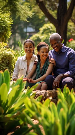 Create a realistic 1080x1080 image for a Facebook Ad in the Wills & Testaments space, aimed at individuals in their 40s and 50s in Johannesburg, South Africa. The image should depict a candid family moment in a general outdoor setting, specifically within the Walter Sisulu Botanical Garden. This scene should evoke a sense of harmony, legacy, and 'peace of mind', resonating with the concept of well-prepared wills. The characters should be appropriately dressed for a relaxed outdoor environment, with the picturesque and tranquil backdrop of the Botanical Garden. Use a broad color palette to craft a warm, inviting, and culturally relevant atmosphere. --ar 9:16
