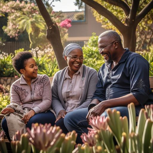 Create a realistic 1080x1080 image for a Facebook Ad in the Wills & Testaments space, aimed at individuals in their 40s and 50s in Johannesburg, South Africa. The image should depict a candid family moment in a general outdoor setting, specifically within the Walter Sisulu Botanical Garden. This scene should evoke a sense of harmony, legacy, and 'peace of mind', resonating with the concept of well-prepared wills. The characters should be appropriately dressed for a relaxed outdoor environment, with the picturesque and tranquil backdrop of the Botanical Garden. Use a broad color palette to craft a warm, inviting, and culturally relevant atmosphere.