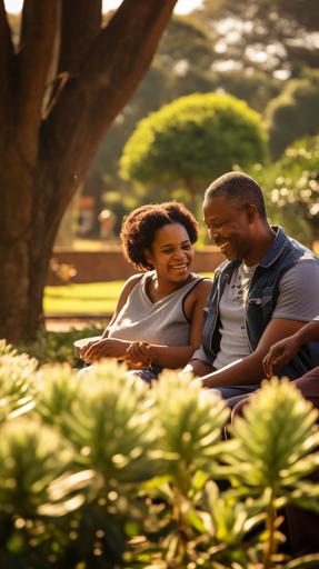 Create a realistic 1080x1080 image for a Facebook Ad in the Wills & Testaments space, aimed at individuals in their 40s and 50s in Johannesburg, South Africa. The image should depict a candid family moment in a general outdoor setting, specifically within the Walter Sisulu Botanical Garden. This scene should evoke a sense of harmony, legacy, and 'peace of mind', resonating with the concept of well-prepared wills. The characters should be appropriately dressed for a relaxed outdoor environment, with the picturesque and tranquil backdrop of the Botanical Garden. Use a broad color palette to craft a warm, inviting, and culturally relevant atmosphere. --ar 9:16