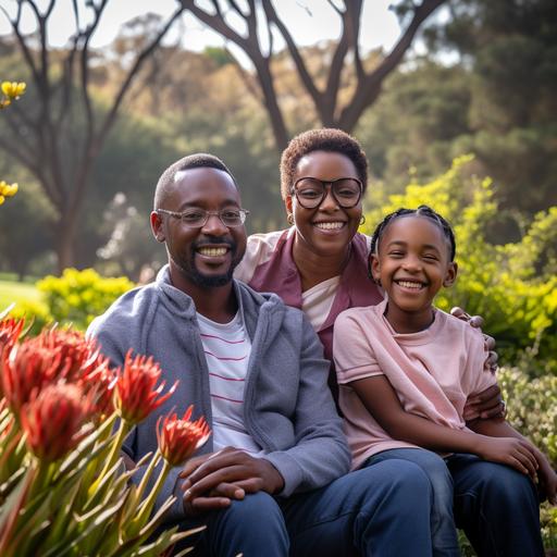 Create a realistic 1080x1920 image for a portrait Facebook Ad in the Wills & Testaments space, aimed at individuals in their 40s and 50s in Johannesburg, South Africa. The image should depict a candid family moment in a general outdoor setting, specifically within the Walter Sisulu Botanical Garden. This scene should evoke a sense of harmony, legacy, and 'peace of mind', resonating with the concept of well-prepared wills. The characters should be appropriately dressed for a relaxed outdoor environment, with the picturesque and tranquil backdrop of the Botanical Garden. Use a broad color palette to craft a warm, inviting, and culturally relevant atmosphere.