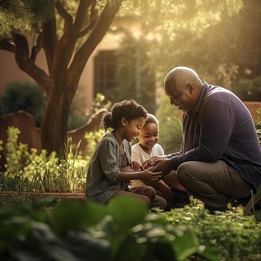 Create a realistic 1920x1080 image for a Facebook Ad in the Wills & Testaments space, aimed at individuals in their 40s and 50s in Johannesburg, South Africa. The image should depict a candid family moment in a general outdoor setting, specifically within the Walter Sisulu Botanical Garden. This scene should evoke a sense of harmony, legacy, and 'peace of mind', resonating with the concept of well-prepared wills. The characters should be appropriately dressed for a relaxed outdoor environment, with the picturesque and tranquil backdrop of the Botanical Garden. Use a broad color palette to craft a warm, inviting, and culturally relevant atmosphere.