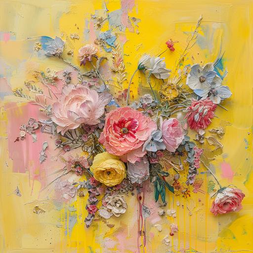 an abstract painting of flower arrangements with a yellow background, in the style of anaglyph effect, light pink and light aquamarine, uhd image, light beige and gray, mixes realistic and fantastical elements, rococo-inspired art, meticulous design
