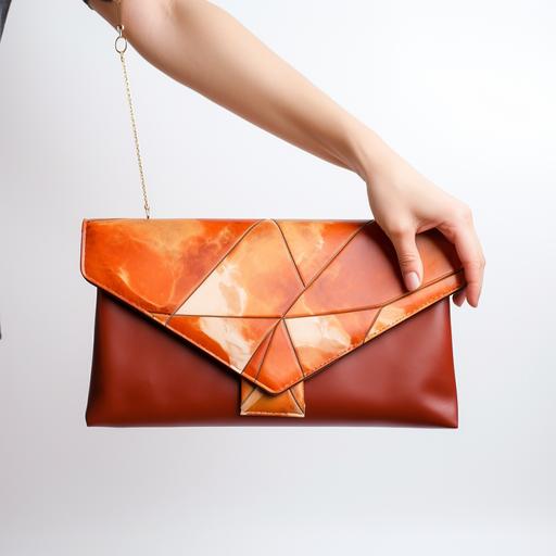generate orange brown. square clutch handbag, using safianno leather, similar to channel style, realistic photograph effect, white background