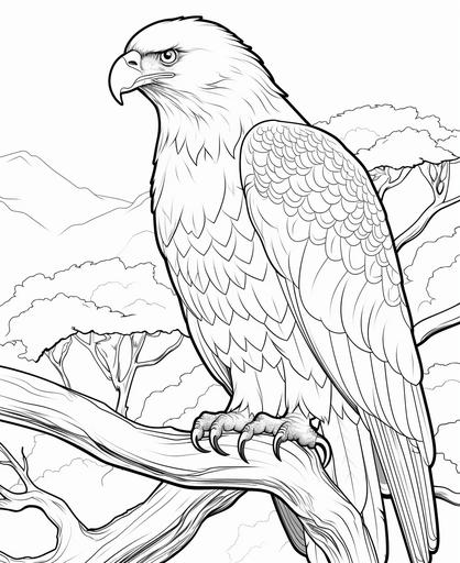 coloring page for kids, bald eagle, cartoon style, thick line, low detailm no shading --ar 9:11