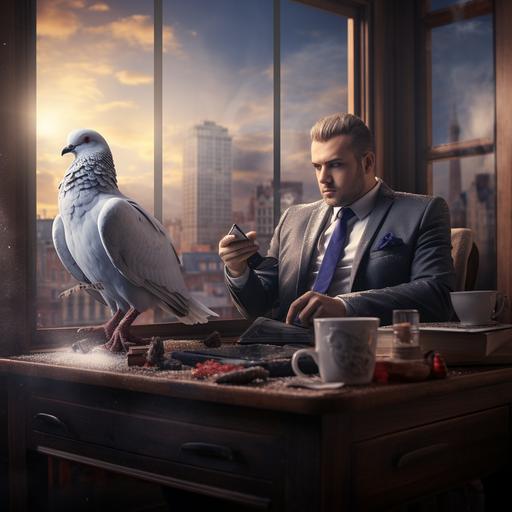 a romanian entrepreneur in an elegant accounting services office with a coffee on his desk and a pigeon sitting on his laptop lid photo-realistic