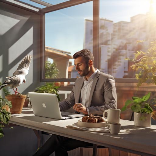 a romanian entrepreneur in an elegant clean office with a coffee on his desk and a pigeon sitting on his laptop lid photo-realistic. Outside is sunny and green nature.