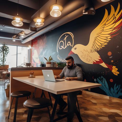a romanian entrepreneur with a logo on the wall of his office on which is written Quality Conta SRL with a coffee on his desk and a pigeon sitting on his laptop.