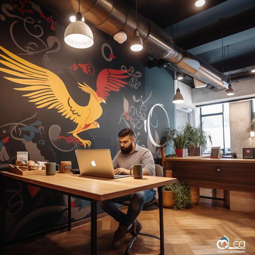 a romanian entrepreneur with a logo on the wall of his office on which is written Quality Conta SRL with a coffee on his desk and a pigeon sitting on his laptop.