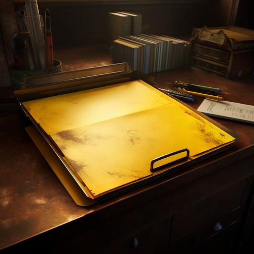 yellow file folder on a metal desk