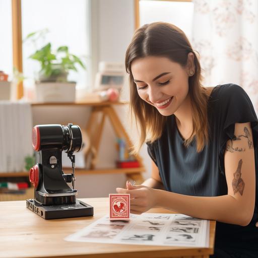 hero website image of happy female customer stamping a paid stamp