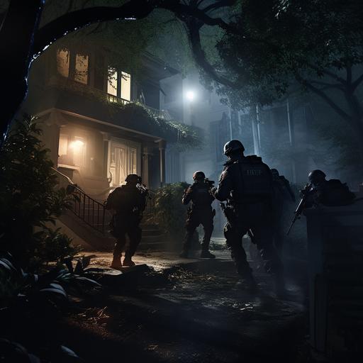 A dramatic FBI raid at night, with agents in tactical gear moving in on a suspected hideout.
