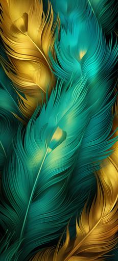 a pattern of ukioye inspired duck feathers and mushrooms, emerald and ruby, aqua and gold, --ar 9:20 --s 250