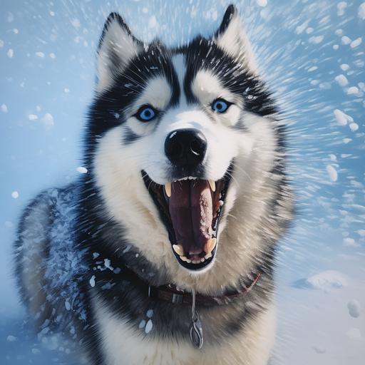 picture of a siberial husky in the snow, depicted as an oil painting, ultra realistic, photographic, subtle snow in the fur, bright blue vivid eyes, open mouth with tongue, whole body portrait, dog sitting, vivid detail of fur, 16:9