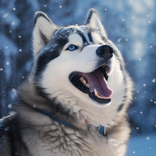 picture of a siberial husky in the snow, depicted as an oil painting, ultra realistic, photographic, subtle snow in the fur, bright blue vivid eyes, open mouth with tongue, whole body portrait, dog sitting, vivid detail of fur, 16:9