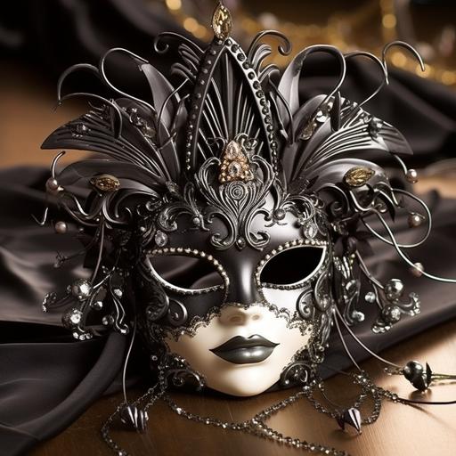Transport your audience to a moonlit realm of elegance and mystery with this enchanting Halloween design. A masquerade ball is the setting, depicted in an ultra-realistic style that captures every intricate detail of ornate masks, flowing costumes, and twinkling chandeliers. The black and white color palette adds a touch of classic sophistication. Amidst the revelry, a masked figure in an abstract form stands as the centerpiece, its features blending into the shadows while emanating an aura of enigma. This design seamlessly fuses ultra-realism and abstract art, inviting viewers to a world of nocturnal allure. Tagline: 