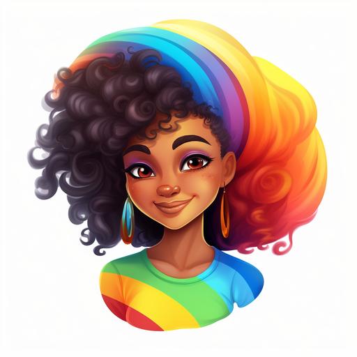 a cartoon style black woman with ranbow natural hair on white background, pixar style