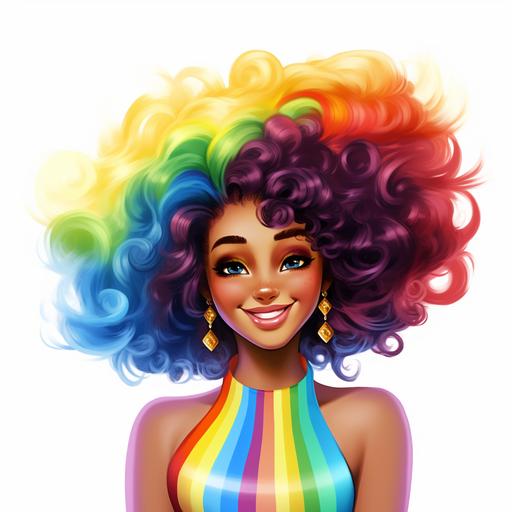 a cartoon style black woman with ranbow natural hair on white background, pixar style