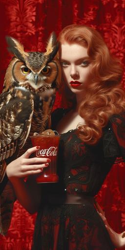 38H top Gorgeous model posing with a horned owl for a coke advertisement, soda cup, fizzy soda --ar 1:2 --style raw --v 6.0