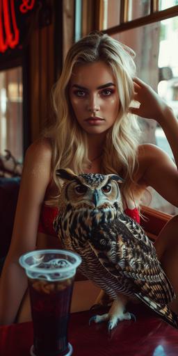 38H top size Gorgeous model posing with a horned owl for a coke advertisement, soda cup, fizzy soda --ar 1:2 --style raw --v 6.0
