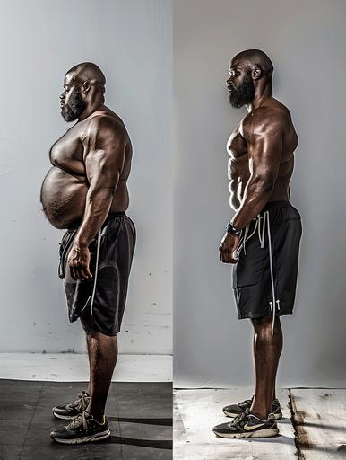 Essentially, it represents the transformation of the same black men from being full-figured to athletic after workouts. The photos depict two states of the same person: in the left photo, a sad man with a full figure and hanging folds of fat. In the right photo, a laughing, very slim man with an athletic physique. he 35 years old. They are dressed in sports shorts and sneakers. We see the girls in full height. background is neutral white wall. The photos are of very high high resolution, high precision, realism, color correction, no blurring, offering high resolution and sharpness By Peter Jackson --ar 3:4 --style raw