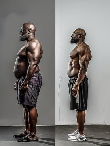 Essentially, it represents the transformation of the same black men from being full-figured to athletic after workouts. The photos depict two states of the same person: in the left photo, a sad man with a full figure and hanging folds of fat. In the right photo, a laughing, very slim man with an athletic physique. he 35 years old. They are dressed in sports shorts and sneakers. We see the girls in full height. background is neutral white wall. The photos are of very high high resolution, high precision, realism, color correction, no blurring, offering high resolution and sharpness By Peter Jackson --ar 3:4 --style raw --v 6.0