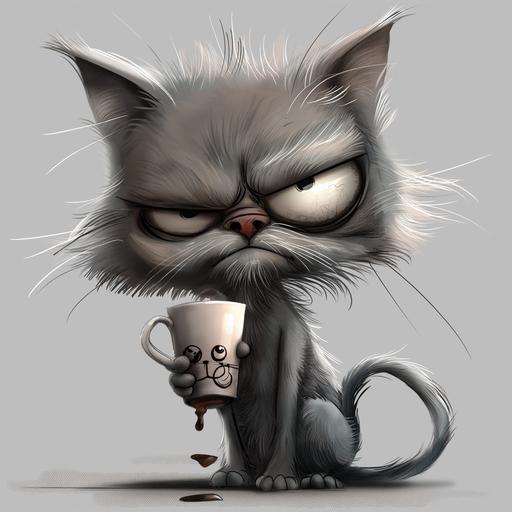 funny looking grey cartoon cat with a grumpy face drinking a cup of coffee, he is sleepy --v 6.0