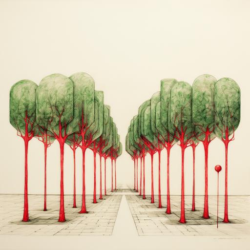 One red tree fall down on the row green identical trees, pencil sketch with red and green objects