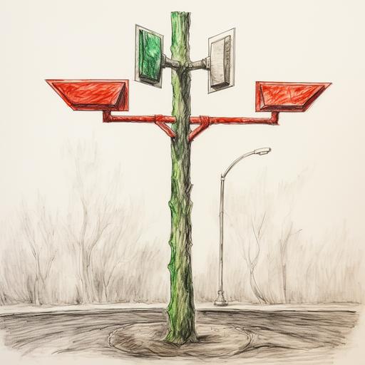 Two opposite arrows road sign, pencil sketch with red and green objects