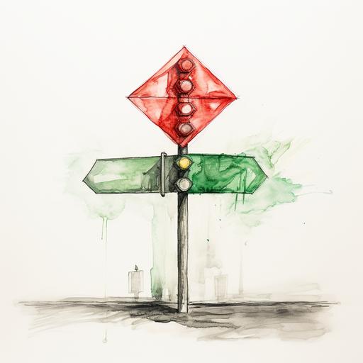 Two opposite arrows road sign, pencil sketch with red and green objects