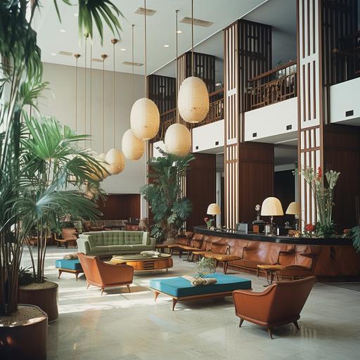 vietnam 1969, two story holet lobby , white walls, 6 rounded pillars, woden front desk, four sets of 3 armchairs each. checker floar