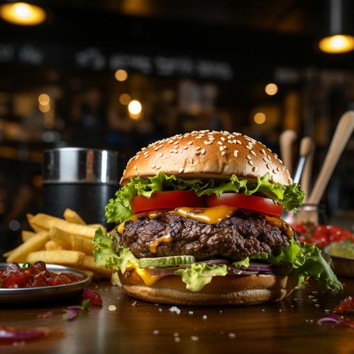 Generate a high-quality, highly detailed, and realistically appetizing image of a fully loaded hamburger in the foreground of a restaurant setting using artificial intelligence. Focus on capturing the intricate details of the hamburger, including the texture and color of the bun, the perfectly cooked patty, vibrant vegetables, and any condiments or melted cheese. Pay meticulous attention to the lighting to enhance the visual appeal and mouthwatering qualities of the burger. Consider incorporating elements that convey the inviting atmosphere of a well-presented restaurant, such as subtle background details, ambient lighting, or the presentation of the meal on a stylish plate. The goal is to create an image that not only showcases the deliciousness of the burger but also evokes a strong desire and anticipation for the viewer. canon 5d mkiv