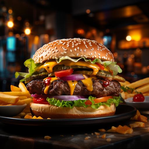 Generate a high-quality, highly detailed, and realistically appetizing image of a fully loaded hamburger in the foreground of a restaurant setting using artificial intelligence. Focus on capturing the intricate details of the hamburger, including the texture and color of the bun, the perfectly cooked patty, vibrant vegetables, and any condiments or melted cheese. Pay meticulous attention to the lighting to enhance the visual appeal and mouthwatering qualities of the burger. Consider incorporating elements that convey the inviting atmosphere of a well-presented restaurant, such as subtle background details, ambient lighting, or the presentation of the meal on a stylish plate. The goal is to create an image that not only showcases the deliciousness of the burger but also evokes a strong desire and anticipation for the viewer. canon 5d mkiv